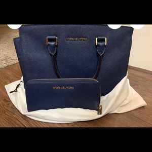 Michael Kors purse and wallet navy blue and gold